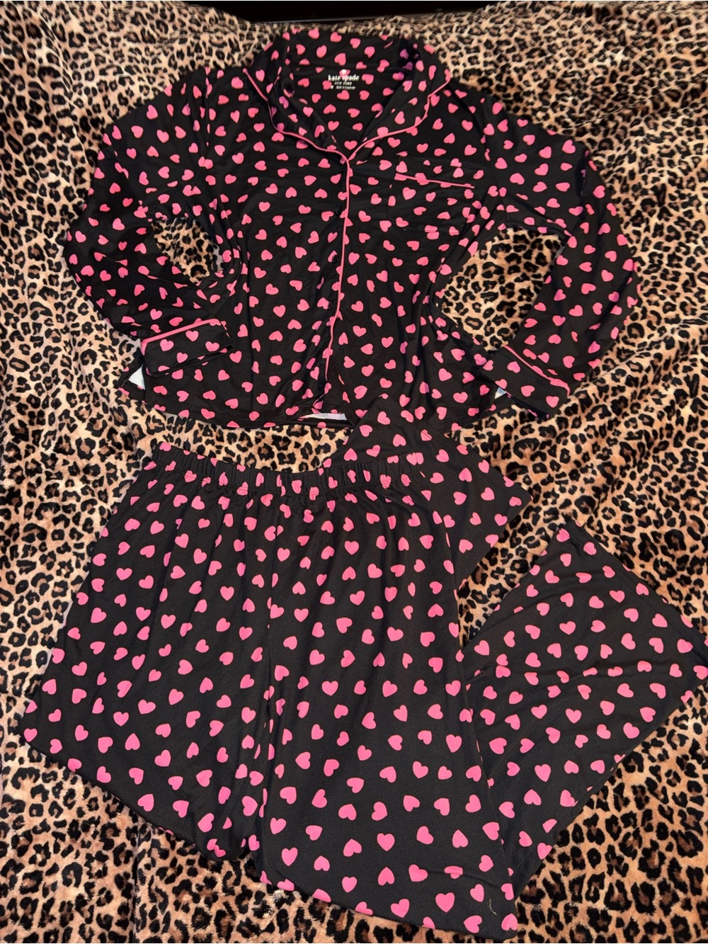 Kate Spade Cozy Black & Pink Heart-Print Pajama set
